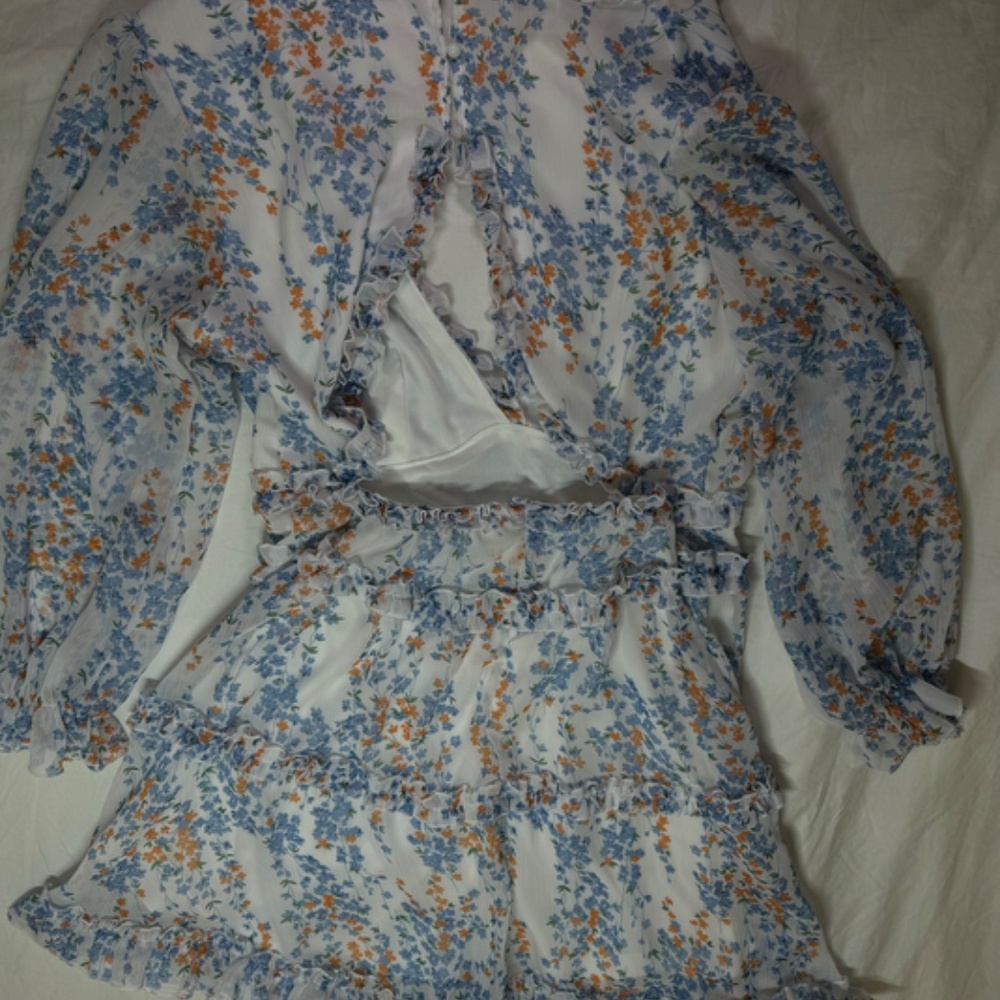 DOKOTOO Mini Dress Floral Deep V-Neck Ruffle Long Sleeve Open Back size XL - Picture 8 of 11